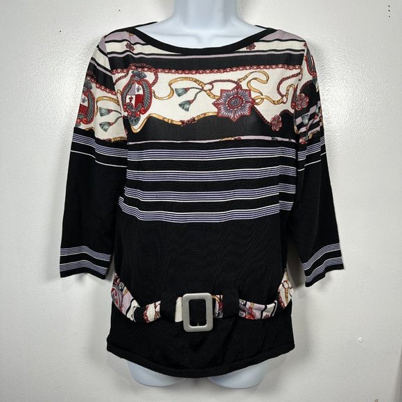 Feratelli Womens Medium Blouse Belted Art Stretch Black 3/4 Sleeves Striped - Picture 4 of 16